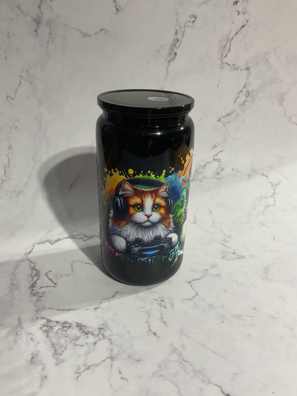 16oz Cat Gamer - Black Premade NON-Snow Globe Tumbler