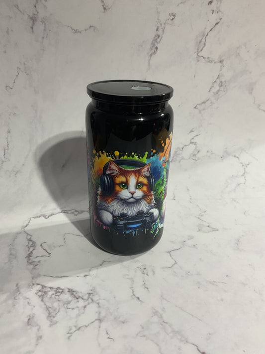16oz Cat Gamer - Black Premade NON-Snow Globe Tumbler