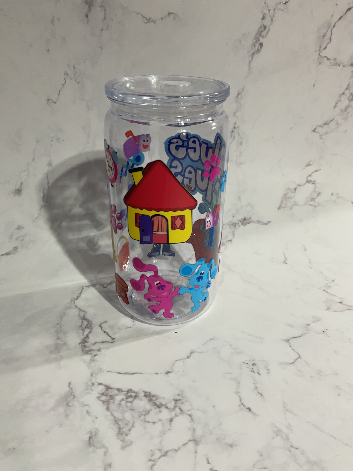 16oz Blue Pink Dog - Clear Premade NON-Snow Globe Tumbler