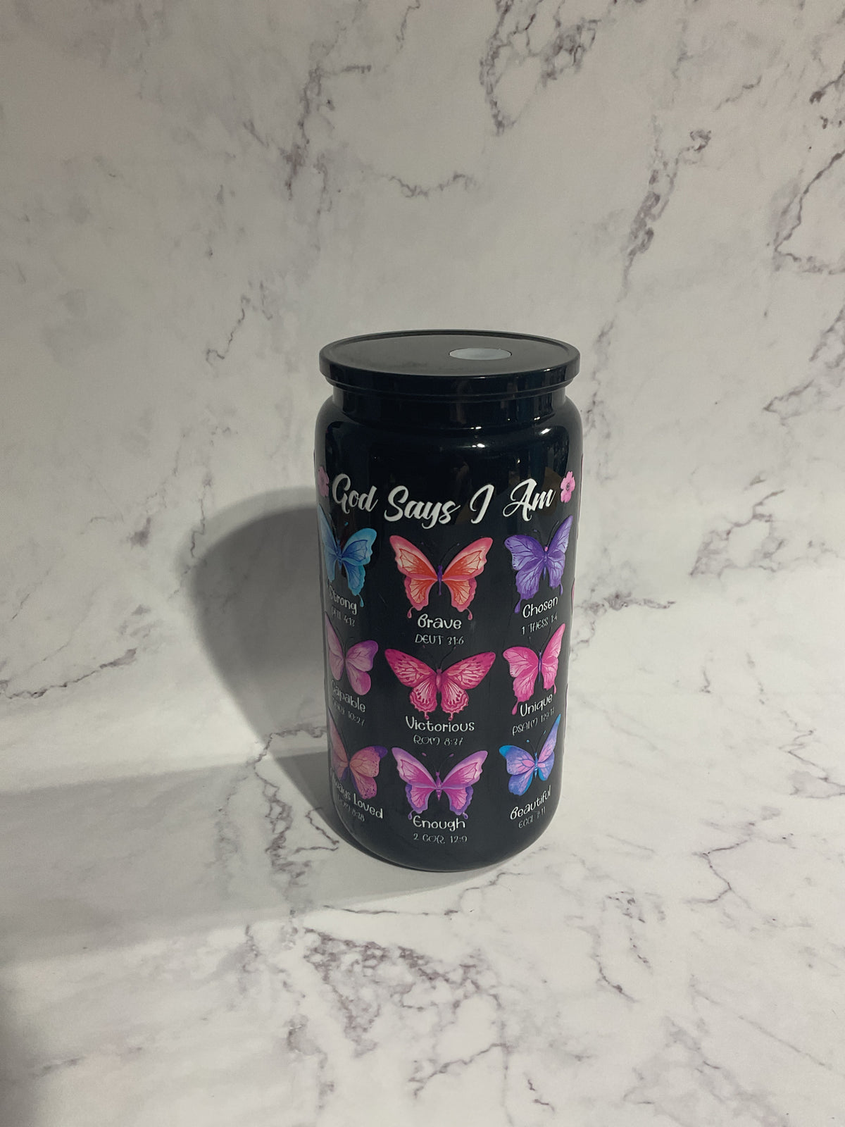 16oz God Says I Can Butterfly Scriptures - Black Premade NON-Snow Globe Tumbler