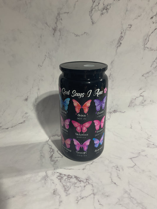 16oz God Says I Can Butterfly Scriptures - Black Premade NON-Snow Globe Tumbler