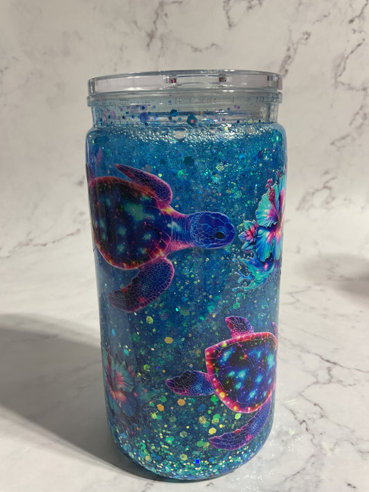 16oz Blue Fast Flow Turtle Glitter Classic Snow Globe Tumbler