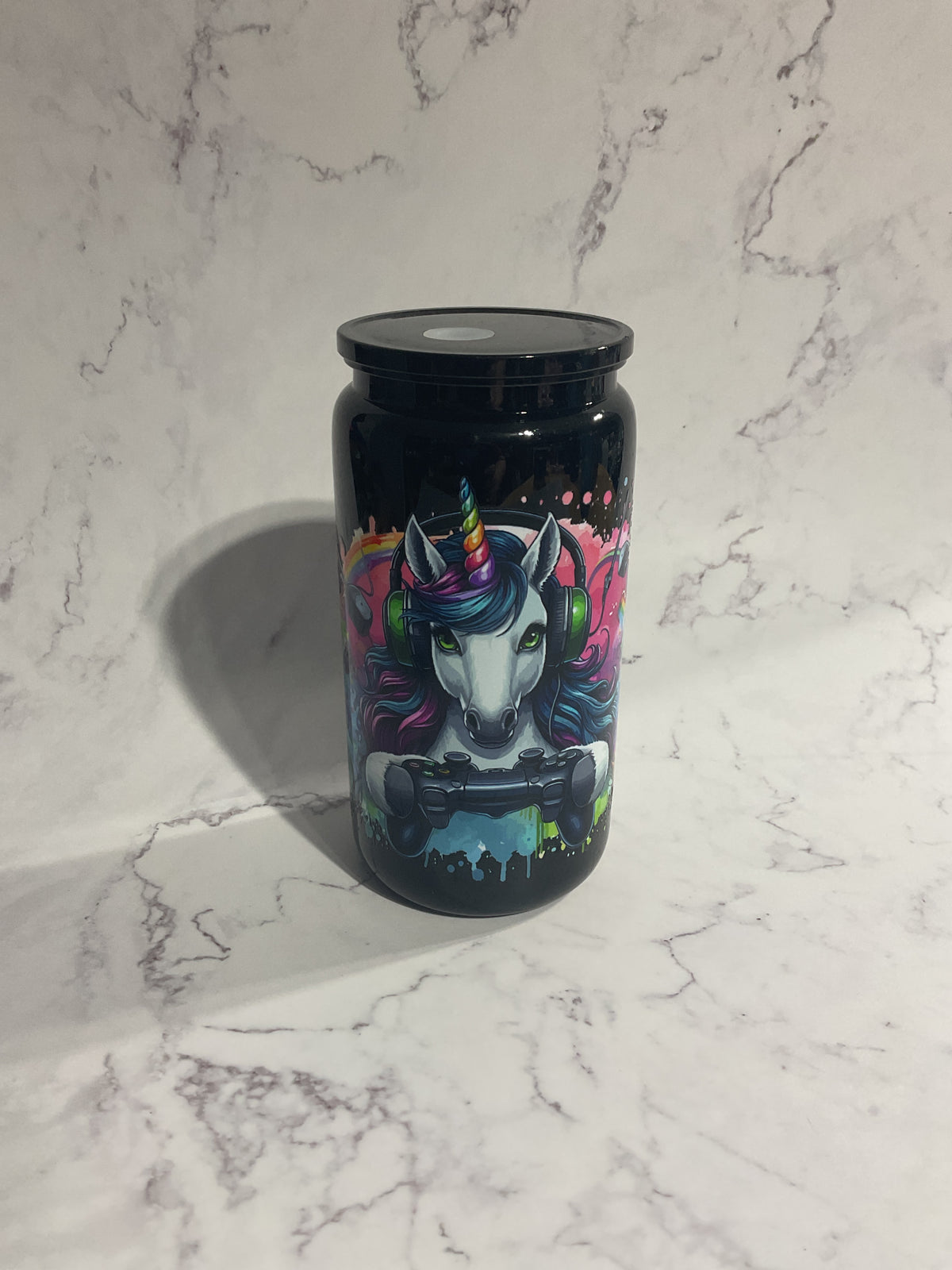 16oz Black Unicorn Gamer - Premade NON-Snow Globe Tumbler