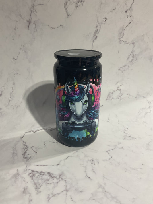 16oz Black Unicorn Gamer - Premade NON-Snow Globe Tumbler