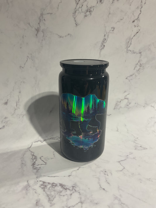 16oz Black Holographic Bear Northern Lights Lake Scene - Premade NON-Snow Globe Tumbler