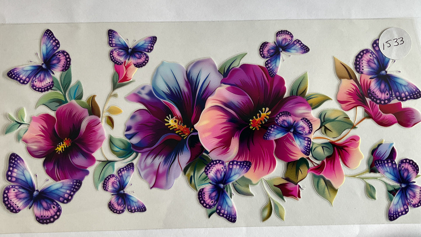 #1533 - Purple Blue Pink Flowers & Butterflies - UV DTF