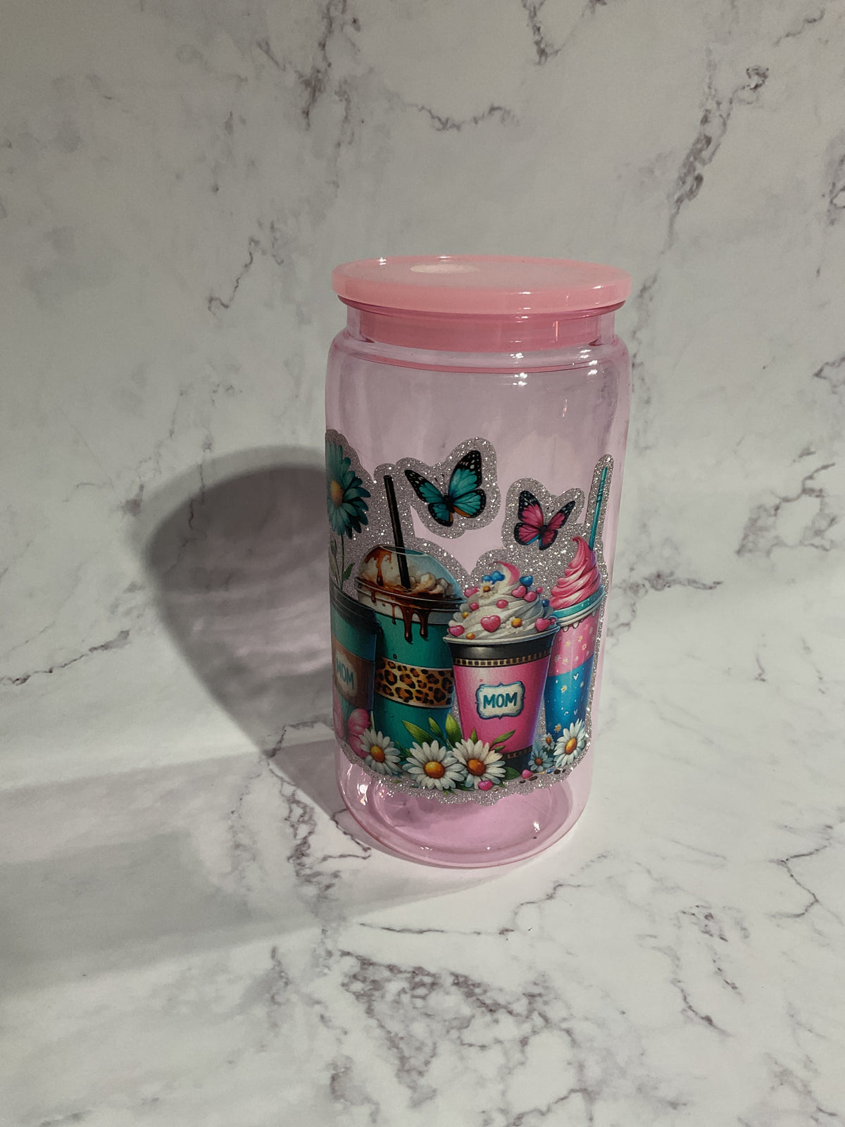 16oz Mom Glitter Drinks - Pink Premade NON-Snow Globe Tumbler