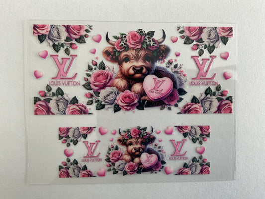 LV Pink White Flower Highland Cow - Tumbler Keychain Wrap