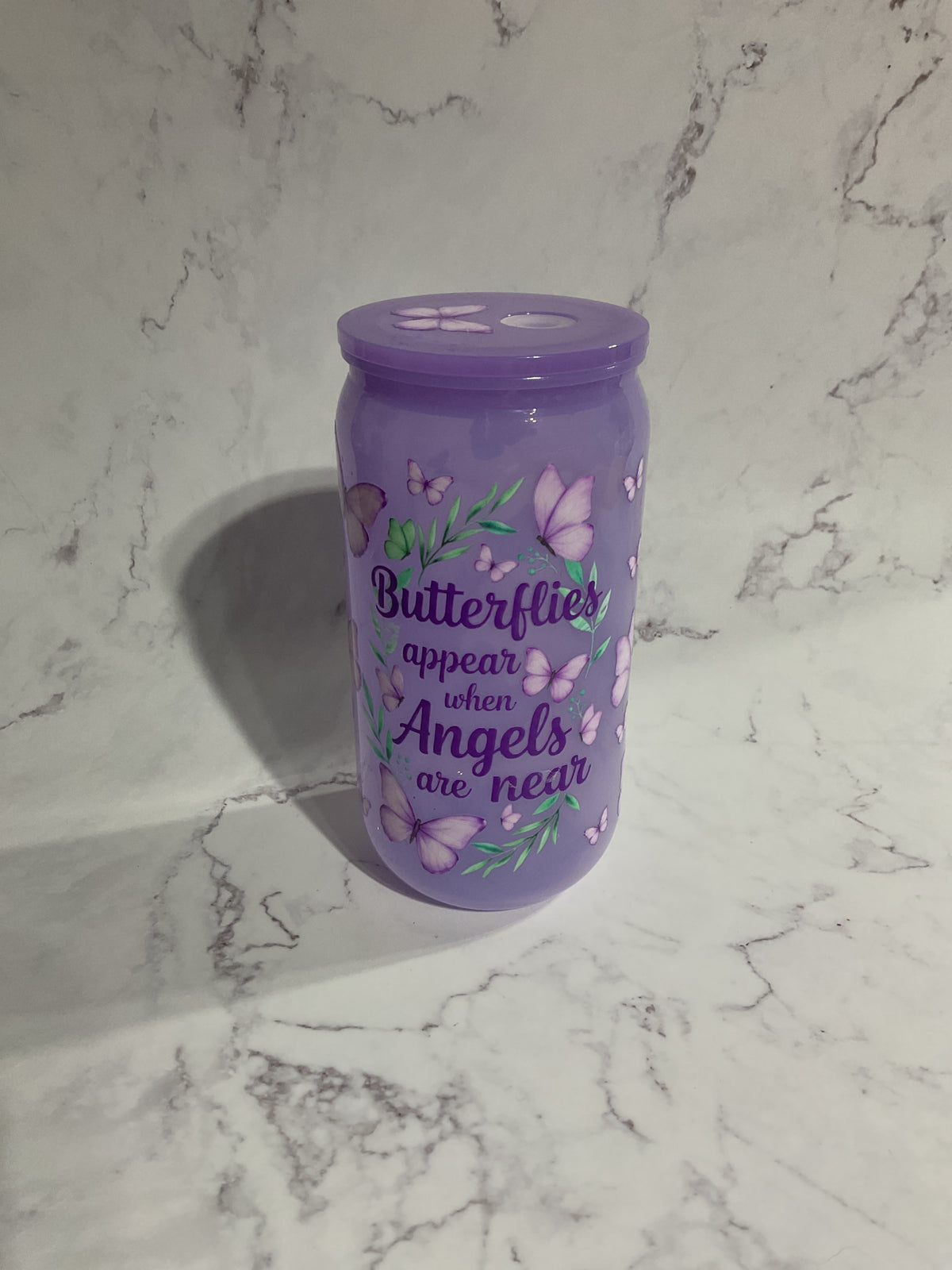 16oz Butterflies Appear When Angels Are Near - Purple Premade NON-Snow Globe Tumbler