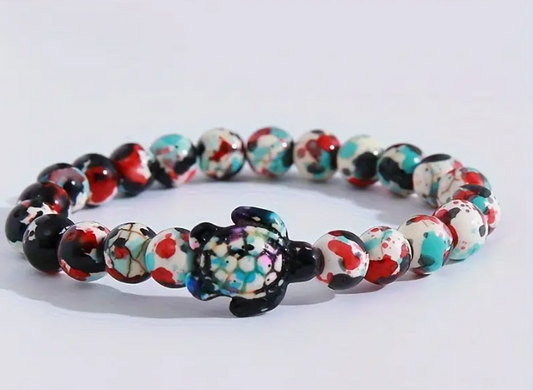 Multi-colored Spotted Turtle Charm - Beaded Bracelet
